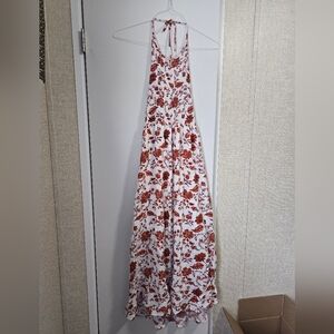 Floral Halter Maxi Dress - White and Red
